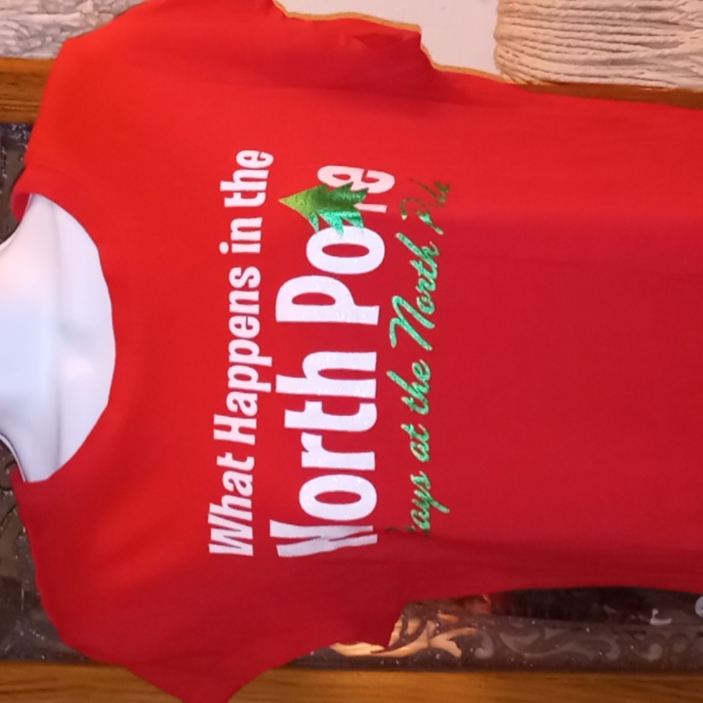 Ladies, Red,Slim Fit, Christmas, T-shirt with Shiny Green & Sparkly White Detail